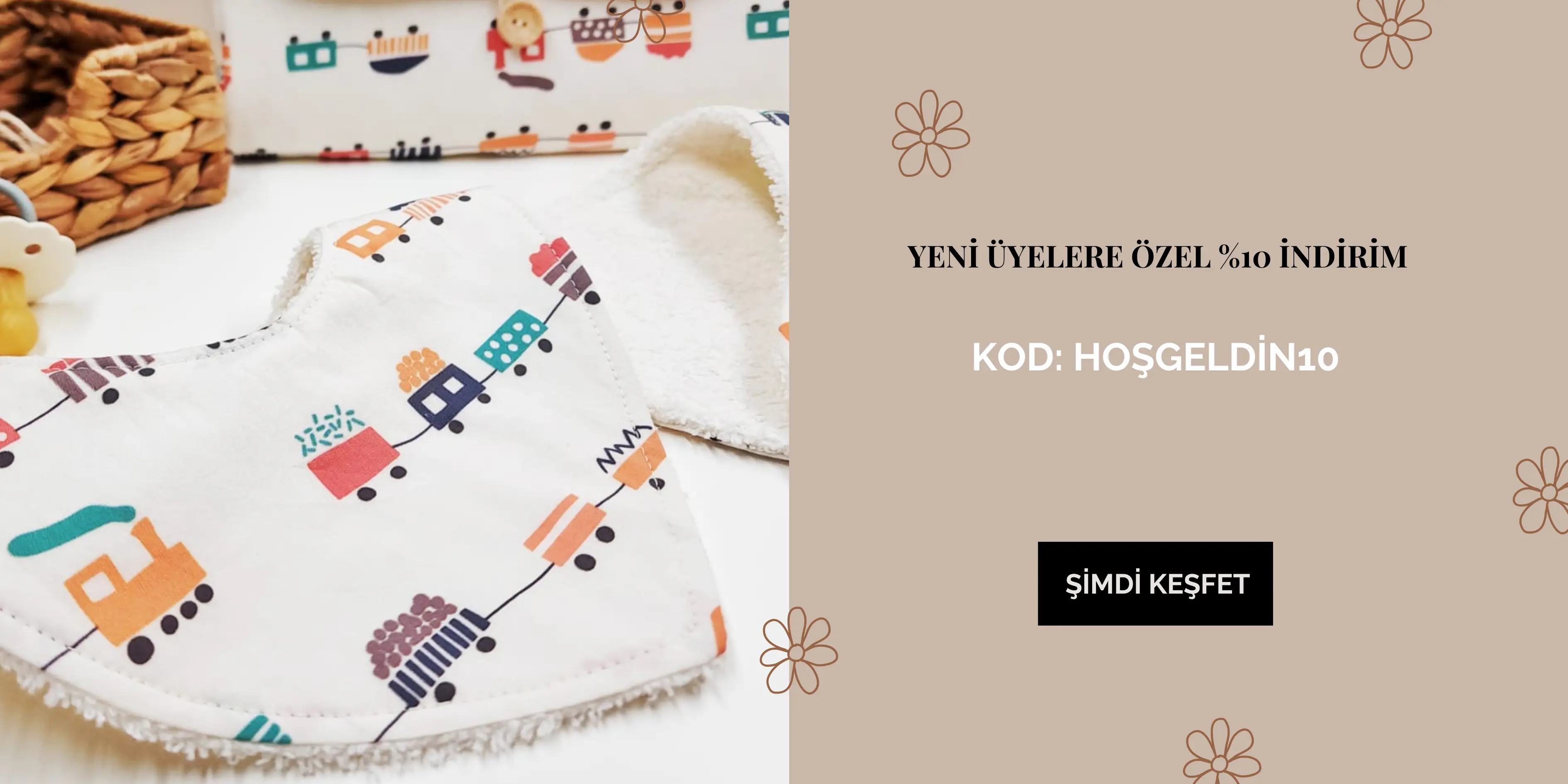 Le Petit Dodo tren desenli pamuk bebek mama önlüğü – yeni üyelere özel %10 indirim