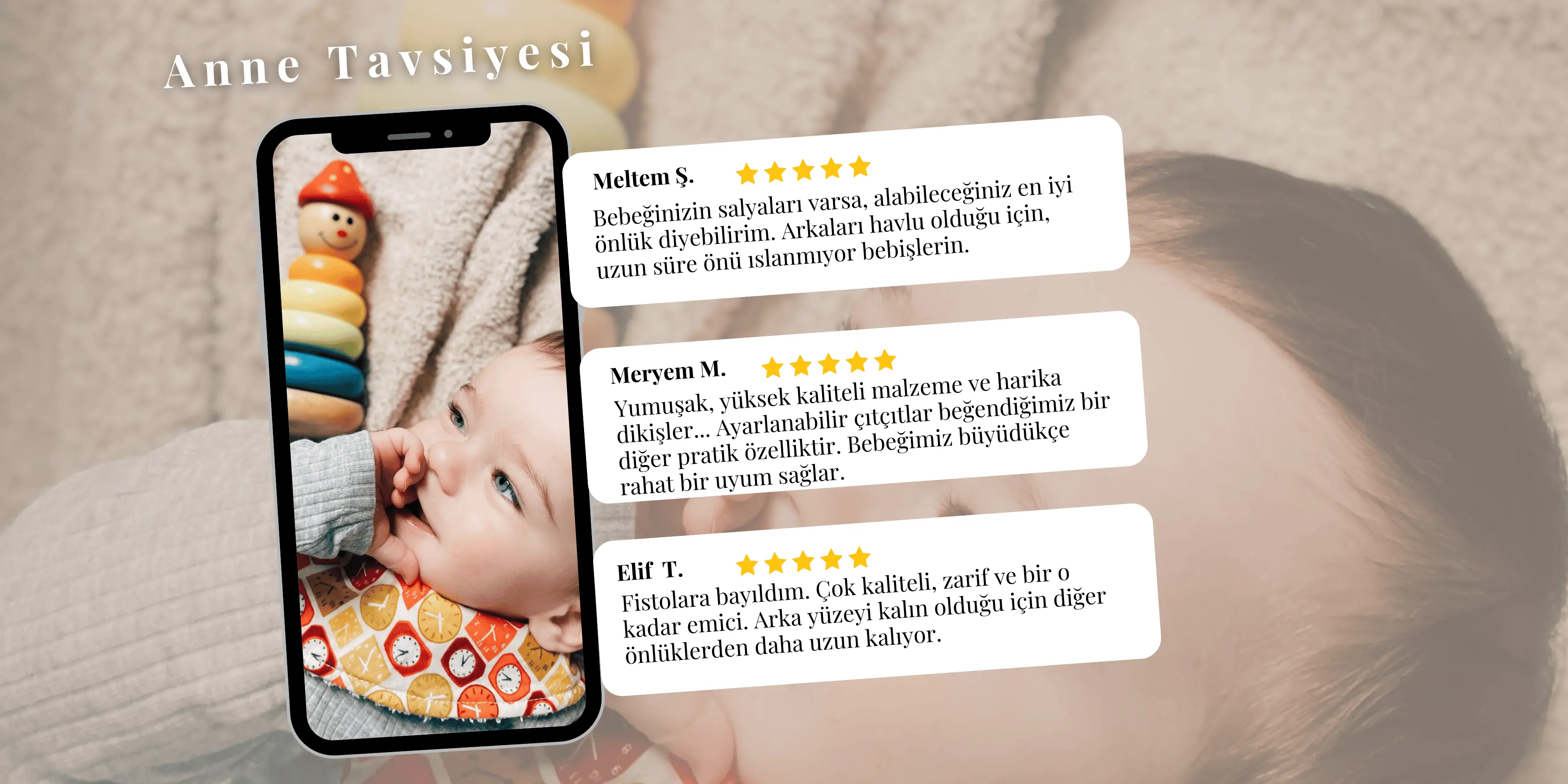 Fisto detaylı, emici ve konforlu salya önlüğü kullanan bebek – müşteri yorumu görseli
